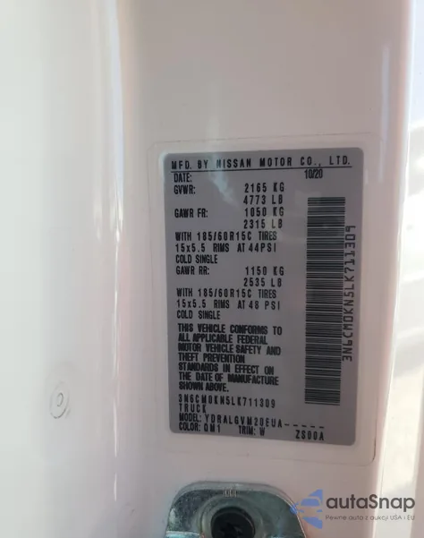 2020 Nissan Nv200 2.5S z USA, uszkodzony, nr VIN 3N6CM0KN5LK711309